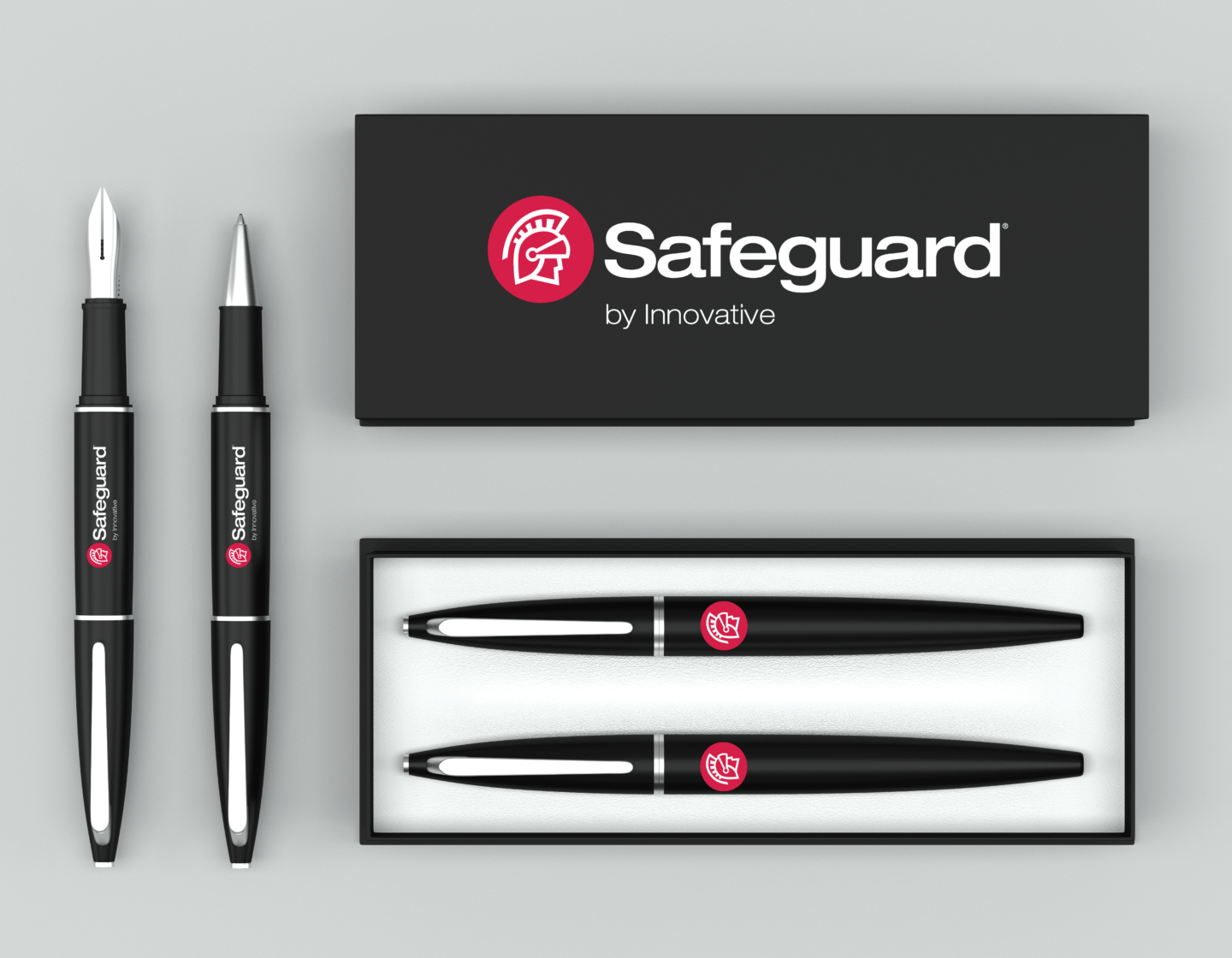 Four Safeguard by Innovative branded pens outside the case.