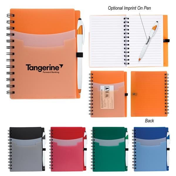 Branded notebooks and a pen in a variety of different colors.