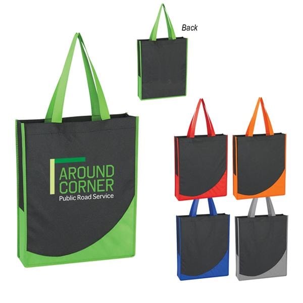 Reusable tote bag examples in a variety of colors that can be customized with a business logo.