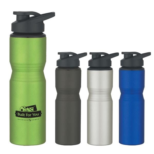Four options of water bottles that can be customized with a business logo.