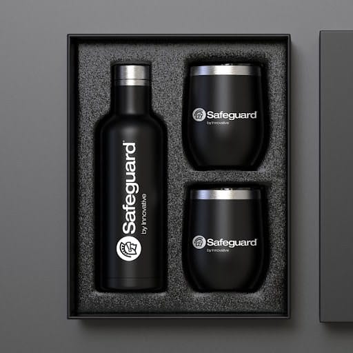 A box of branded Safeguard drinkware.