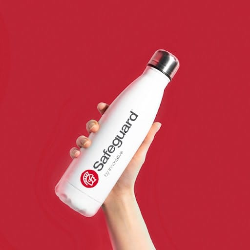 A custom Safeguard by Innovative insulated water bottle, an example of one of the best gifts for remote employees.